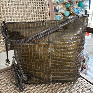 Brighton Cher Muse Quilted Khaki Green Patent Leather Croco Organizer HandBag
